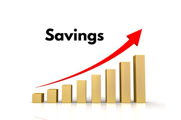A rising graph with red arrow and gold bars and the word Savings