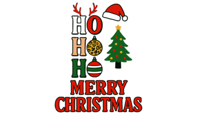 Retro HO HO HO Christmas Design with Antlers, Leopard Ornament, Tree & Santa, Hat Accent, Retro Christmas design, HO HO HO typography, leopard print ornament, Santa hat clipart, antlers holiday art, v