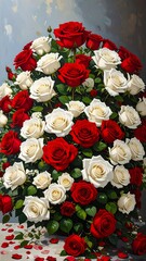A vibrant bouquet of red and white roses