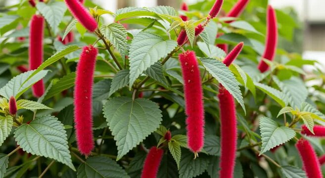 Close up of a chenille plant with fuzzy red flowers and green leaves in a garden setting outdoors