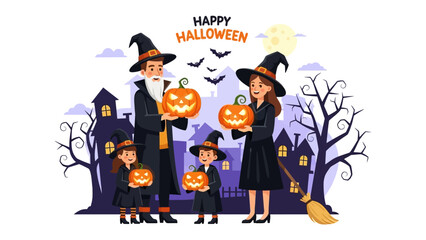 Halloween Family: A spooky Halloween scene depicting a family dressed in witch costumes, holding carved pumpkin lanterns against the backdrop of a haunted house, full moon, and flying bats.