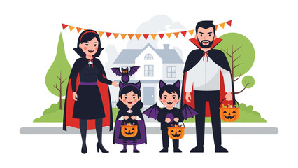 Spooky Family Gathering: A family dressed in Halloween costumes stands in front of a house with decorations, exuding a joyful, and eerie aura that captures the playful spirit of the holiday.