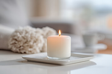 tranquil room is softly illuminated by gentle glow of single candle exuding warmth and coziness