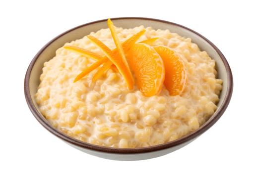 Creamy, light-yellow rice pudding, garnished with orange segments and zest, sits attractively in a bowl against a black background.