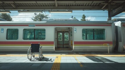 Wheelchair positioned at train station platform, with modern train in background, showcasing accessibility features and public transportation environment for inclusivity