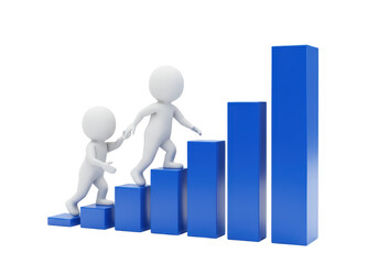 Isolated two 3d stickmen climbing up blue blocks helping each other to reach success path