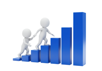 Isolated two 3d stickmen climbing up blue blocks helping each other to reach success path