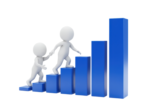 Isolated two 3d stickmen climbing up blue blocks helping each other to reach success path - Powered by Adobe