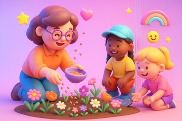 Obraz premium Happy cartoon-style family planting colorful flowers in garden with cheerful pastel background and playful light concept elements like stars and heart. Ai generative