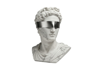 Isolated marble statue of a man with a metal blindfold over his eyes and curly hair