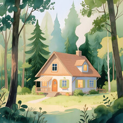 Cozy cottage surrounded by lush forest in daylight  