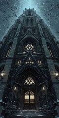 Majestic gothic cathedral bathed in dramatic winter snowfall, its towering spires and intricate facade reaching toward a dark, cloudy sky, evoking ancient mystery