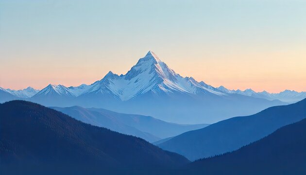 Majestic snow-capped mountain peak bathed in soft dawn light, layered blue mountain ranges receding into hazy distance