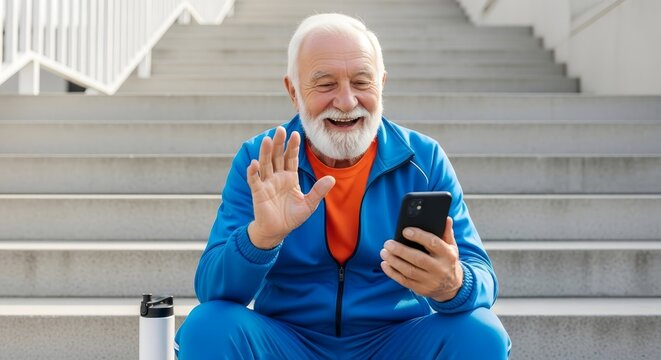 Elderly man in blue tracksuit waving while sitting on stairs and holding a mobile phone smiling