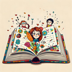 Children reading and exploring a colorful illustrated book  