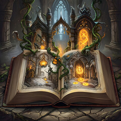 Mystical open book illustrating ancient architecture and magical symbols  