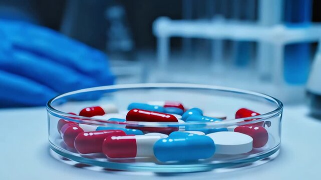 Pills and Capsules in a Petri Dish in a Clinical Laboratory