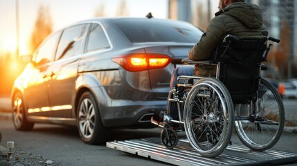 Fototapeta premium Man in wheelchair using ramp to access vehicle, showcasing accessibility features and independence, with sunset lighting creating a warm atmosphere of empowerment and mobility