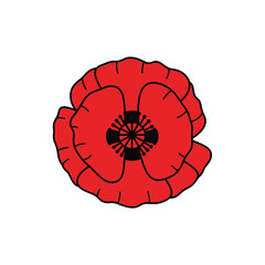 Stylized red poppy flower with black outline vector illustration.