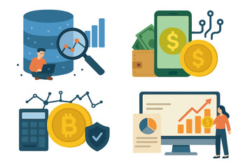 Fintech icon set for financial technology. Data analysis, mobile banking, cryptocurrency investment, and business growth analytics. Digital wallet, bitcoin, and stock market concepts.
