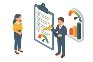 Business performance review isometric concept. Employee appraisal and evaluation. Man with clipboard checklist showing results to woman. Quality survey, feedback, success graph.