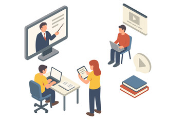 Isometric online education concept. Students learning remotely via video conference. Teacher conducting virtual class. E-learning, webinar, and online training course illustration.