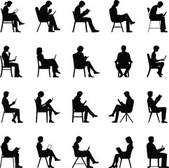 Seated people silhouettes collection, reading and digital device poses, office lifestyle icons, ergonomic posture illustration, education, technology, workplace design