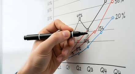 Close-up of a hand drawing a line graph on a whiteboard, representing growth over four quarters.
