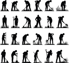 Obraz premium Silhouette people gardening with tools, planting, watering, digging, raking, outdoor work, agriculture, farming, horticulture, teamwork, nature, lifestyle, environment, growth, 