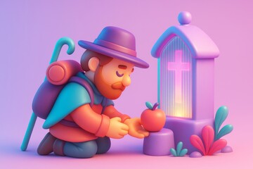 Cartoon-style pilgrim kneeling at glowing shrine with apple offering on soft pink background, symbolizing devotion and spiritual culture. Ai generative