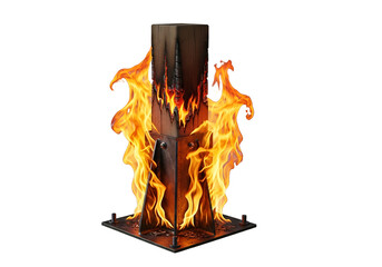 A robust metal stand supports a wooden block engulfed in a vibrant display of flames.
