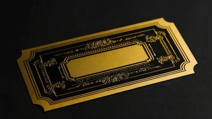 Elegant golden ticket with intricate black floral patterns and blank center, placed on a dark background, representing luxury and exclusivity