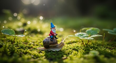 A whimsical garden gnome embarks on a magical journey, riding a snail through a lush, sun-dappled mossy forest floor