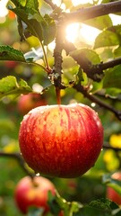 Ripe apple hanging from branch in orchard