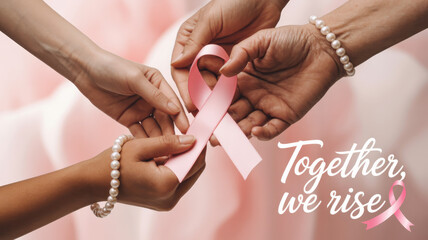 Group Hands Holding Pink Ribbons in Unity for Breast Cancer Awareness