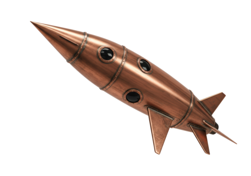 Isolated bronze retro rocket ship, nostalgic science fiction transport for outer space trip