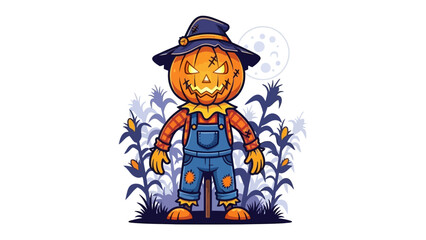 Halloween Scarecrow: A spooky scarecrow with a pumpkin head and a sinister grin stands in a cornfield, embodying the spirit of Halloween.