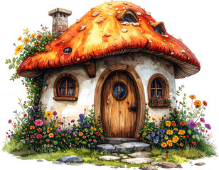 Fairy Tale Mushroom Cottage Isolated Illustration
