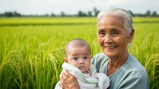 Happy elderly Asian grandmother holding her baby grandchild in a lush green rice paddy field. A tender moment showing family love and generations.