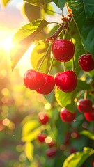 Ripe cherries on a tree branch bathed in sunlight