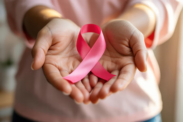 Hands Holding Pink Ribbon as Symbol of Breast Cancer Awareness