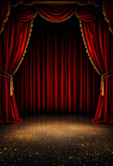 Red velvet stage curtains with golden lights in theater setting  