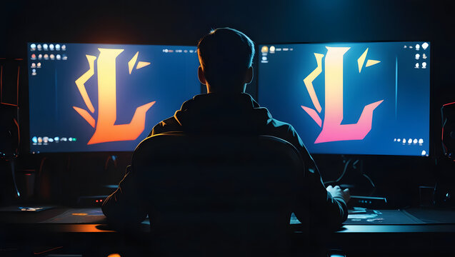 Gamer at desk with dual monitors showing League of Legends logo