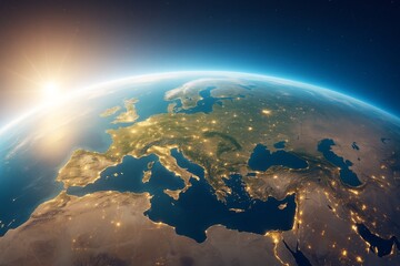 Sunrise over Europe and the Middle East viewed from space with glowing city lights and realistic atmosphere on a deep blue cosmic background.