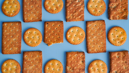 Flat lay view of biscuit on light blue background