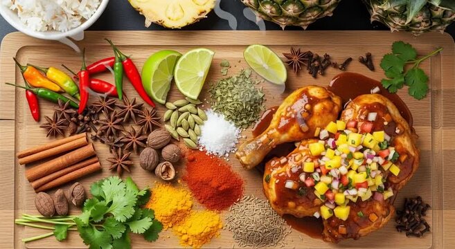 Overhead shot of chicken with salsa and various spices on a wooden cutting board with pineapple and rice