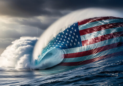 A powerful wave crashes, embodying the american flag, symbolizing strength and resilience amidst turbulent waters, blending patriotism with natures force and beauty