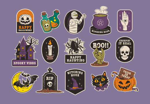 Halloween Sticker Illustrations & Vector Clipart Set, with Pumpkins, Zombies, Ghosts & More