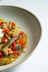 Cooked vegetables with poached egg