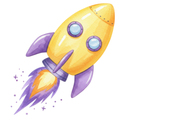 Isolated yellow rocket ship watercolor painting for kids education and space learning